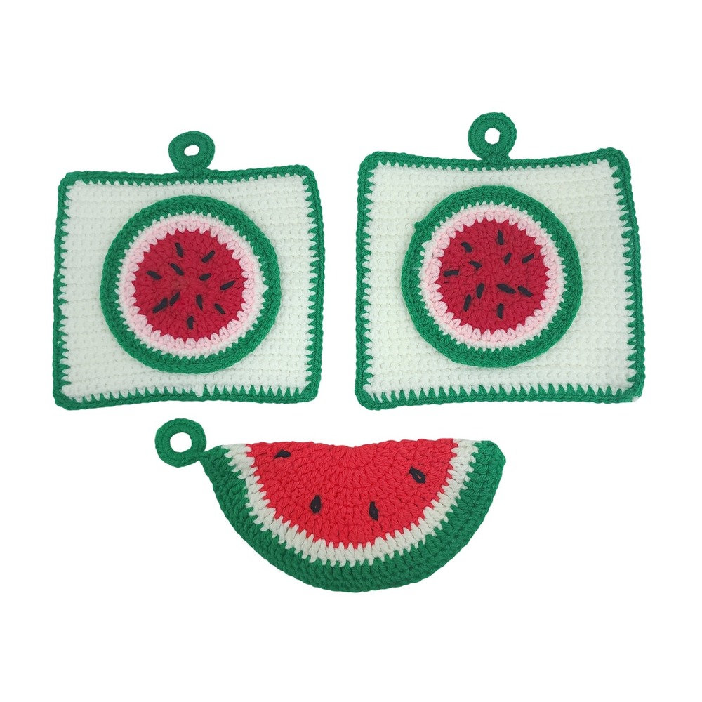 Handmade VTG Crochet Watermelon Potholder Set 3PC KITSCH RetroKitchen Decor Gift